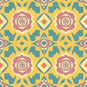 Op de afbeelding: Een naadloos patroon met een gele achtergrond, met teal, roze en witte geometrische vormen. Het patroon bestaat uit herhalende vierkanten en cirkels.