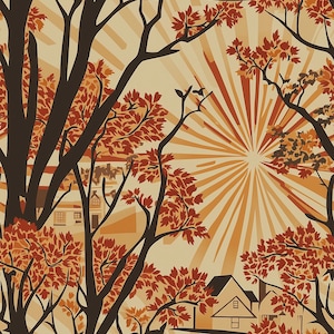 Op de afbeelding: Een herfstlandschap illustratie met gestileerde bomen met rode en oranje bladeren. De scène bevat huizen en een stralende zonnestraal op de achtergrond, allemaal weergegeven in warme, aardse tinten.