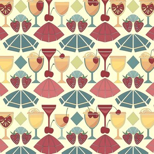 Könnte beinhalten: Ein sich wiederholendes Muster mit Cocktailgläsern, Kirschen, Erdbeeren und Cocktail-Schirmen in Rot-, Gelb- und Blautönen. Das Design ist vor einem cremefarbenen Hintergrund angeordnet und erzeugt eine Retro-Sommer-Atmosphäre. Das Muster eignet sich für Stoff oder Tapeten.