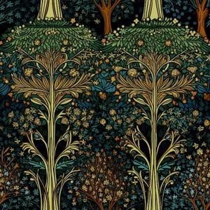 May include: A repeating pattern design featuring stylized trees with detailed branches and foliage. The colour palette includes shades of green, gold, and teal against a dark background, creating a rich, textured design.