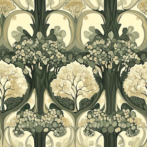 May include: An Art Nouveau-style seamless pattern featuring stylized trees in shades of green, beige, and cream. The design includes detailed tree trunks, leafy branches, and rounded foliage, creating a symmetrical, repeating motif. The overall aesthetic is reminiscent of vintage wallpaper.