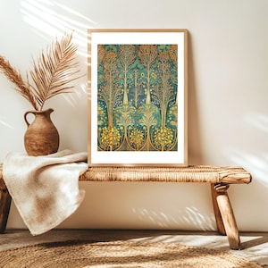 Impression d'art mural forêt de style William Morris, affiche de tapisserie botanique vintage, décoration d'intérieur patrimoniale, art de l'arbre magique déclaration Boho