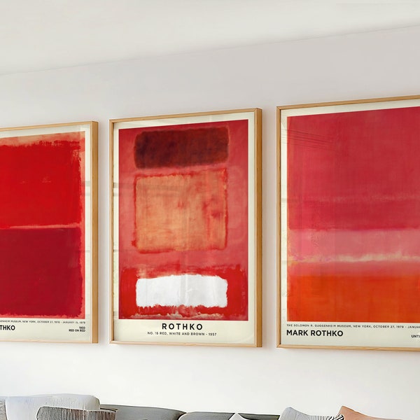 Set of 3 Wall Art Mark Rothko Prints - Red Pink Large Abstract Painting for Living Room & Office Decor - Mid Century Modern Canvas Wall