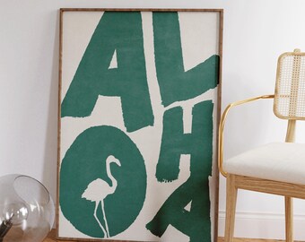 Aloha Wall Art - Retro Beach Print - Preppy Coastal Decor - Flamingo Art - Seascape Printable - Hawaii Beach House - Apartment Decor Gift