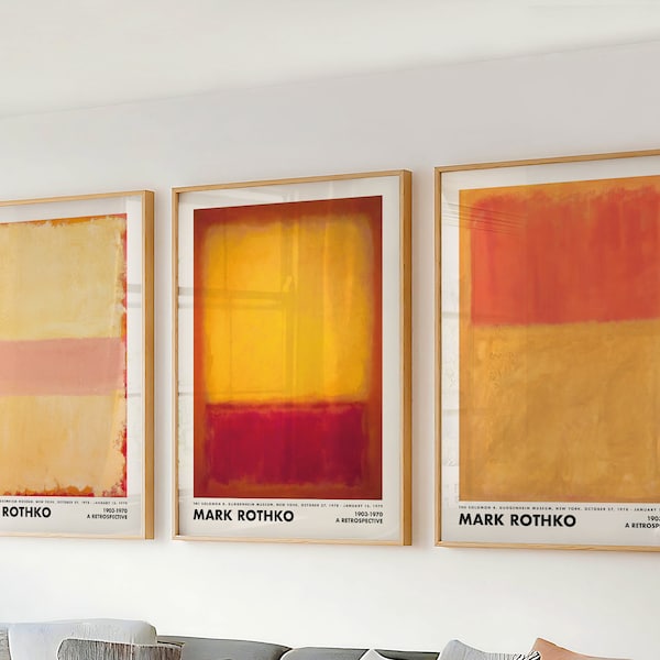 Set of 3 Wall Art Mark Rothko Prints - Yellow Orange Large Abstract Painting for Living Room & Office Decor - Mid Century Modern Canvas Wall