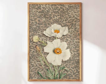 Leopard Print with Cheetah and Retro Flowers, Vintage Girly Wall Art, Trendy Preppy Decor for Bedroom or Apartment, Perfect Gift for Decor