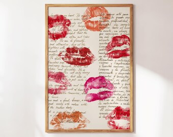 Retro Kiss Prints - Różowa sztuka ścienna retro - Sztuka miłosna w stylu vintage - Romantyczna sztuka retro - Prezenty i wystrój domu - Modny czerwony nadruk - Szminki