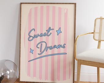 May include: A framed print with a pink and white striped background and the text "Sweet Dreams" in blue lettering with two blue stars.