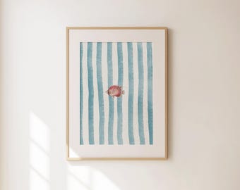 Impressão de peixe solitário - Arte de parede de peixe retrô - Ilustração fofa - Decoração de apartamento elegante - Arte de parede de cozinha de verão - Arte de peixe - Presentes para casa