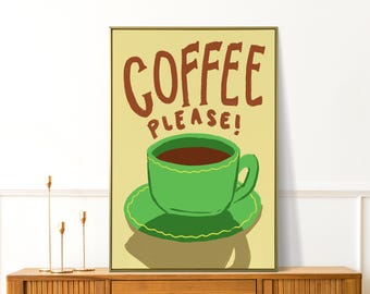 Retro koffie illustratie print - cadeau voor koffieliefhebber - koffie muurkunst - keukendecor - trendy appartementdecor - schattige slaapzaalposter
