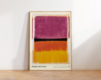 Puede incluir: Un póster de una pintura abstracta de Mark Rothko, titulada "Violeta, Negro, Naranja y Amarillo", del Museo Solomon R. Guggenheim de Nueva York. La pintura presenta cuatro bandas horizontales de color: violeta, negro, naranja y amarillo.