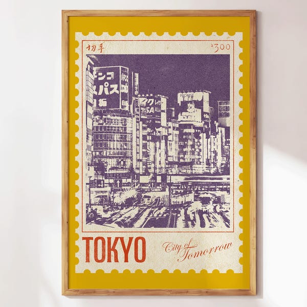 May include: A vintage-style poster with a yellow frame and a purple and white illustration of a cityscape. The poster says "Tokyo City of Tomorrow" and has a stamp with the text "300" and Japanese characters.