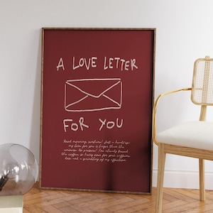 Carta de amor, arte de pared con frases de amor propio, decoración de pared retro, arte de pared rojo para sala de estar, arte de pared preppy de moda, ilustración de arte de pared para regalar.