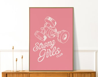 Club de Chicas Fuertes - Póster de entrenamiento - Decoración de pared rosa para gimnasio - Arte de estudio de pilates - Arte de pared femenino - Lámina de bienestar - Decoración moderna para apartamentos