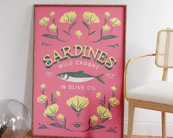 Impresión de sardinas - Póster vintage de lata de sardinas - Arte mural retro de pescado - Decoración colorida para la cocina - Estilo maximalista ecléctico para tu hogar