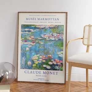 Claude Monet Print - Waterlilies Pond Poster - Vintage Blue Landscape Wall Art - Nature Painting for Living Room and Office Wall Gifts