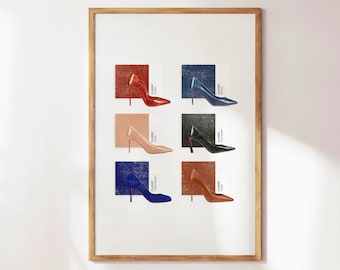 Puede incluir: Una impresión enmarcada de seis zapatos de tacón alto de diferentes colores. Cada zapato está sobre un fondo de color con la palabra "Clásico" y el nombre del color escrito debajo del zapato.
