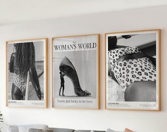 Juego de 3 estampados de leopardo - Arte mural retro de animales - Decoración vintage en blanco y negro para chicas - Estilo preppy de moda para apartamentos o dormitorios.