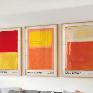 Set of 3 Wall Art Mark Rothko Prints - Yellow Orange Large Abstract Painting for Living Room & Office Decor - Mid Century Modern Canvas Wall