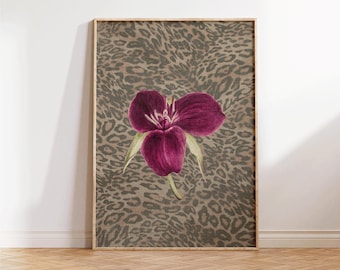 Leopard Print with Cheetah and Retro Flowers, Vintage Girly Wall Art, Trendy Preppy Decor for Bedroom or Apartment, Perfect Gift for Decor