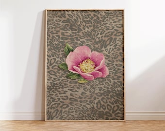Leopard Print with Cheetah and Retro Flowers, Vintage Girly Wall Art, Trendy Preppy Decor for Bedroom or Apartment, Perfect Gift for Decor