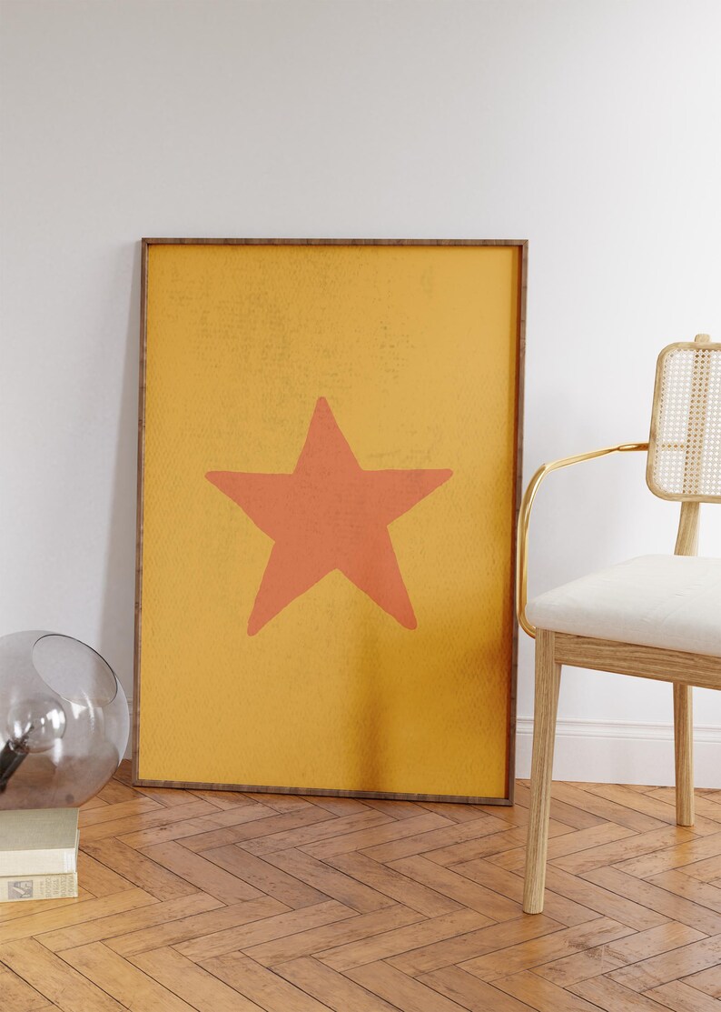 Retro Hand Drawn Star Wall Art, Yellow Wall Art, Yellow Stars Print