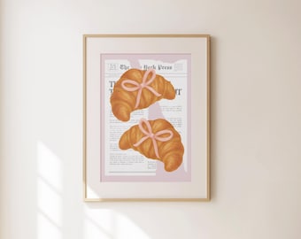 Cute Croissant Print - Pink Kitchen Wall Art - Ribbon Coquette Decor - Newspaper Wall Art - Girly Gift for Bakers - Dorm Apartment Decor