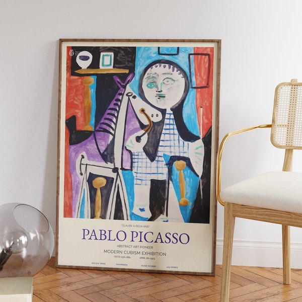 May include: A framed poster of a painting by Pablo Picasso titled "Claude a Deux Ans". The painting depicts a child holding a toy horse in a cubist style. The poster also includes the text "Pablo Picasso, Abstract Art Pioneer, Modern Cubism Exhibition, October 6th 1913 - April 8th 1913".