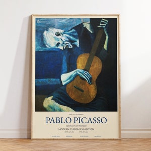 Pablo Picasso Print - Old Guitarist Wall Art - Modern Blue Depression Famous Painting for Living Room - Large Poster for Home Gifts