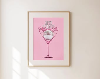 Disco Cocktail Print - Retro Kitchen Wall Art - Disco Ball Bar Cart Decor - Preppy Cocktail Wall Art - Pink Girly Gift for Kitchen Decor