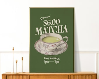 Stampa retrò Matcha - Arte murale vintage per gli amanti del Matcha - Decorazione alla moda per cucina e bar - Arte estetica da barista - Regalo di tè verde - Decorazione accogliente per la casa