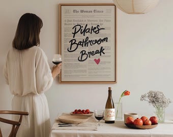 Pilates Bathroom Break, Pilates Poster, Bathroom Wall Art, Retro Pilates Wall Art, Pilates Studio Decor, Gift for Pilates Lover