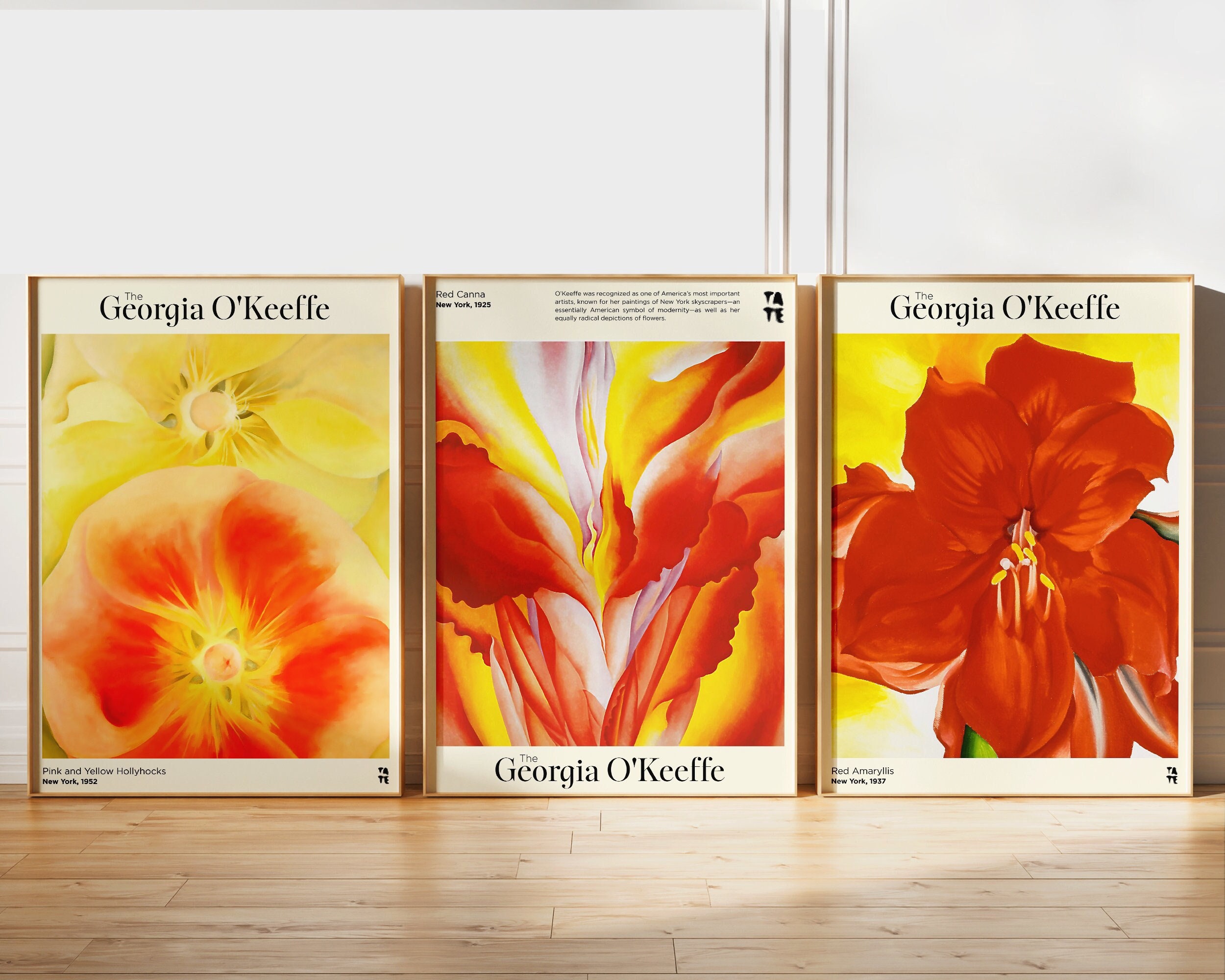 Set of 3 Wall Art Georgia O'keeffe Prints - Red Yellow Flower