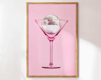 Disco Cocktail Print - Retro Kitchen Wall Art - Disco Ball Bar Cart Decor - Preppy Cocktail Wall Art - Pink Girly Gift for Kitchen Decor