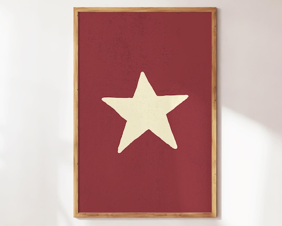 Retro Hand Drawn Star Wall Art, Maroon Wall Art, Red Wall Art, Stars Print, Nursery Wall Decor, Cute Trendy Wall Art, Modern Bedroom Decor