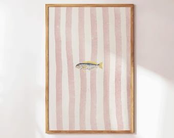 Impressão de peixe solitário - Arte de parede de peixe retrô - Ilustração fofa - Decoração de apartamento elegante - Arte de parede de cozinha de verão - Arte de peixe - Presentes para casa