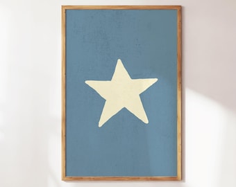 Può includere: Una stella bianca su uno sfondo blu. La stella è un design semplice, disegnato a mano. Lo sfondo è un blu testurizzato.