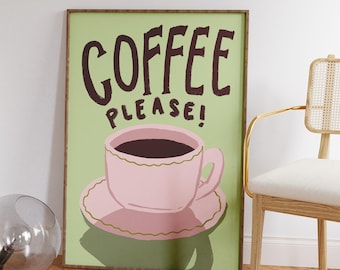 Retro koffie illustratie print - cadeau voor koffieliefhebber - koffie muurkunst - keukendecor - trendy appartementdecor - schattige slaapzaalposter
