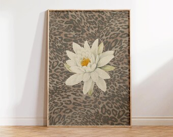 Leopard Print with Cheetah and Retro Flowers, Vintage Girly Wall Art, Trendy Preppy Decor for Bedroom or Apartment, Perfect Gift for Decor