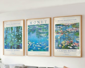 Set of 3 Wall Art - Claude Monet Print Gallery Wall Set - Vintage Waterlilies Wall Art for Living Room & Office Decor - Blue Lilies Painting