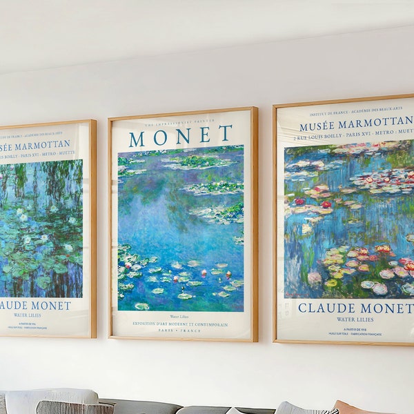 Set of 3 Wall Art - Claude Monet Print Gallery Wall Set - Vintage Waterlilies Wall Art for Living Room & Office Decor - Blue Lilies Painting