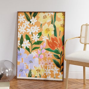 Arte de parede de mercado de flores vintage - impressões botânicas amarelas para sala de estar ou arte de parede de escritório - presentes para casa e aniversário