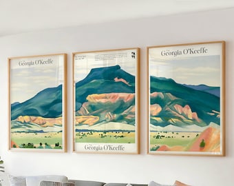 Set of 3 Wall Art Georgia O'Keeffe Prints - My Front Yard Landscape Triptych Wall Art - Pink Large Modern & Contemporary Home Decor Gift