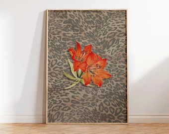 Leopard Print with Cheetah and Retro Flowers, Vintage Girly Wall Art, Trendy Preppy Decor for Bedroom or Apartment, Perfect Gift for Decor