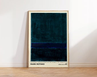 May include: A poster of an abstract painting by Mark Rothko, titled "Green, Blue, Green". The painting features three horizontal bands of color: green, blue, and green. The poster is framed in a light wood frame.