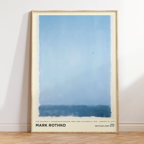 May include: A minimalist abstract painting by Mark Rothko titled "Untitled Light Blue" from 1969. The painting features two horizontal bands of light blue and dark blue.