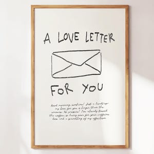Carta de amor, arte de pared con frases de amor propio, decoración de pared retro, arte de pared beige para sala de estar, arte de pared preppy de moda, ilustración de arte de pared para regalar.