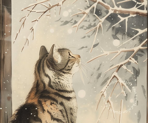 Cat on Snowy Window Print - Retro Vintage Japanese Woodblock Wall