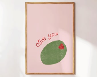 Estampas de azeitona, arte de parede de azeitona, estampa engraçada de azeitona, arte de parede rosa, decoração moderna e elegante, decoração de apartamento, presente engraçado para cozinha