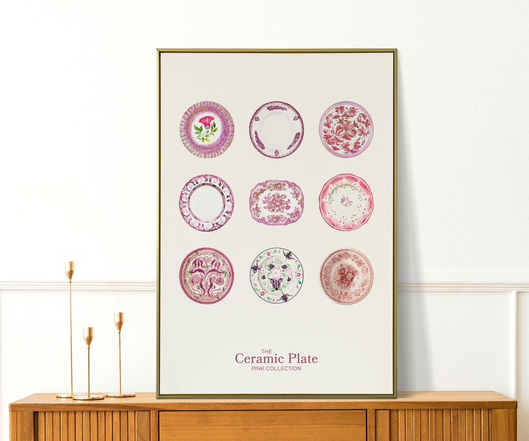 Pink Kitchen Print Retro Antique Plates Painting Modern Pink Wall Art ...